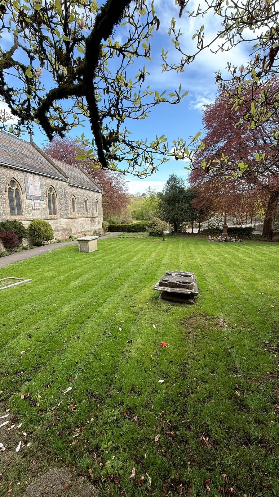 Freshly striped churchyard lawn under blossom trees grounds maintenance South West Bin Cleaning Co